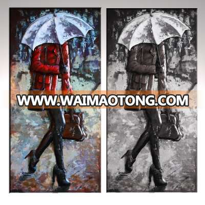 Metal 3D Iron wall art in red coat woman umbrella Pedestrians in the rain modern Painting for Hotel